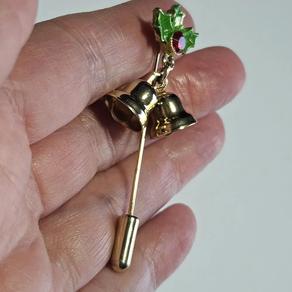 Vintage Christmas Stick Pin Red Rhinestone Green Holly Leaves Gold Tone Bells